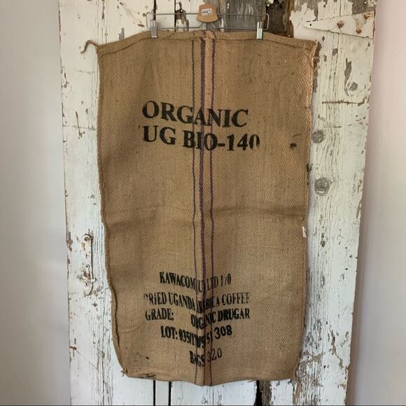 Vintage burlap jute Uganda coffee bean bag sack fabric advertising craft organic - Picture 1 of 13
